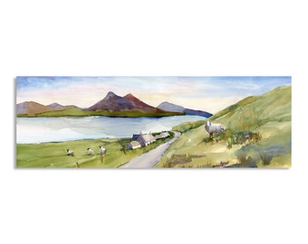 Scottish Highlands Painting, wall art print of watercolor painting of Isle of Skye countryside + sheep + loch, paper or stretched canvas