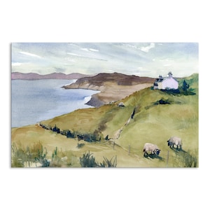 Scottish Highlands Sheep Watercolor Art Print: Countryside Cliffs