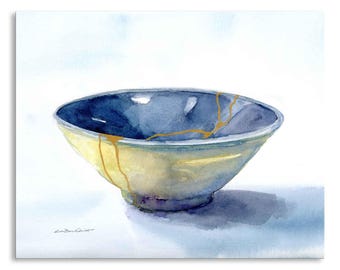 Kintsugi Bowl Watercolor Art Print: Wabi Sabi Japanese Decor