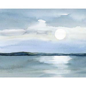 Moon Reflections on Sea, Print of original watercolor, moonlight over sea, moonlit night sky, paper or stretched canvas