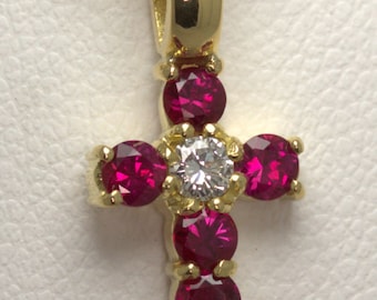 Ruby Diamond 18ct yellow gold cross .35ct rubies .7 diamonds and 18ct  18&quot; chain ruby anniversary