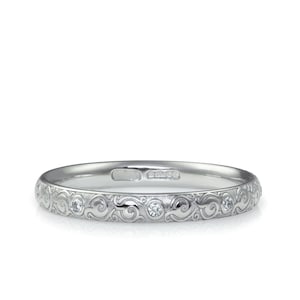 platinum 2.5mm diamond wedding ring unique scrollwork laser engraved  london eternity birthday present hatton garden london jewellers