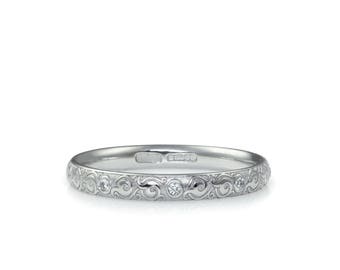 platinum 2.5mm diamond wedding ring unique scrollwork laser engraved  london eternity birthday present hatton garden london jewellers