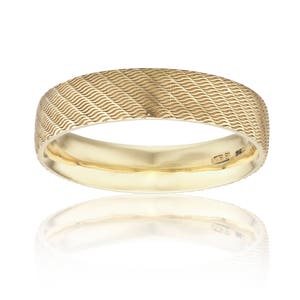 9ct yellow gold 5mm male wedding ring laser engraved with a classic engine turned motif by our expert craftsman. image 1