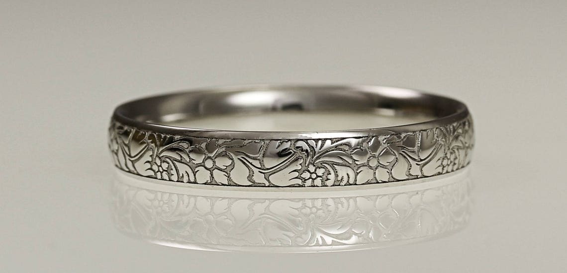 Platinum 3mm Wedding Ring Flower Engraved Ladies Wedding Band Ring ...