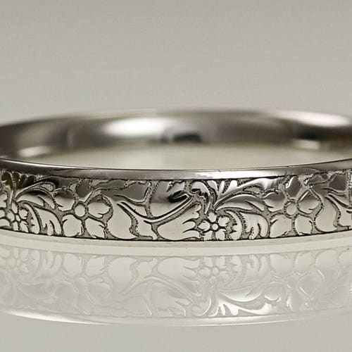 Platinum 3mm Wedding Ring Flower Engraved Ladies Wedding Band Etsy