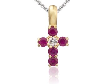 18ct yellow gold ruby and diamond cross pendant supported on a 16 inch 18ct yellow gold chain Hatton Garden