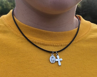 Boys Sports Stretch Necklace with Breakaway Clasp + Cross and Miraculous Medal