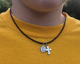 Boys Sports 16.5” Stretch Necklace with Breakaway Clasp + Cross and Miraculous Medal