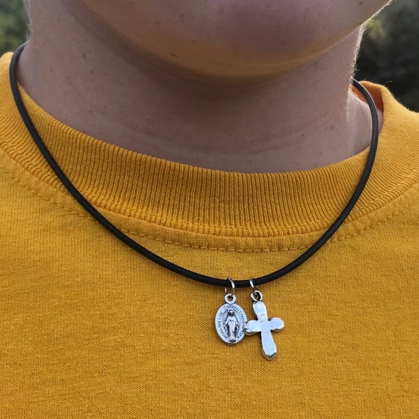 Boys Sports Stretch Necklace with Breakaway Clasp + Cross and Miraculous Medal