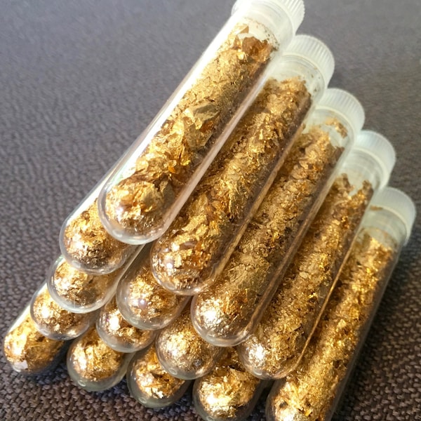 10 Large 3ml Vials.. Filled Full of Gold Leaf Flakes .. Lowest price online !!..+ Fast Shipping!