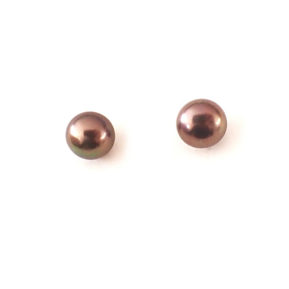 VINTAGE Bronze Pearl Stud Earrings| Solid 14kt Go… - image 2