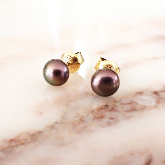 VINTAGE Bronze Pearl Stud Earrings| Solid 14kt Go… - image 3