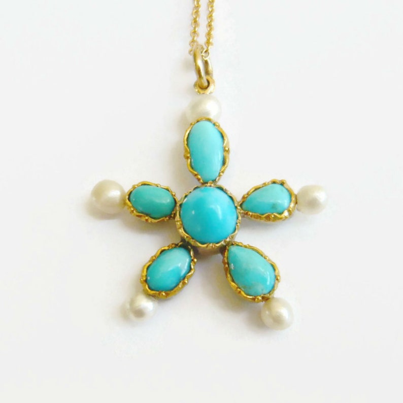 Victorian 15ct Gold Turquoise Pearl Pendant Image 0
