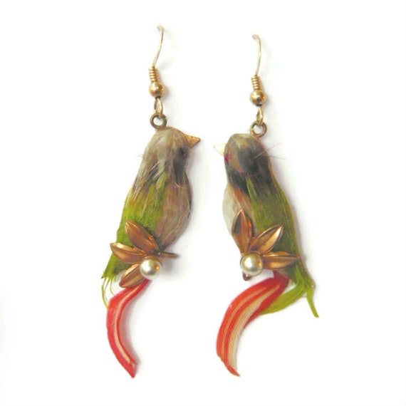 ART DECO Genuine Bird Feather Earrings | Vintage L