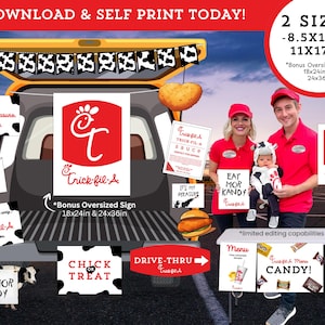 Puede incluir: Un conjunto digital imprimible con carteles, pancartas y menús temáticos de Chick-fil-A con patrones de manchas de vaca. El texto incluye 'Trick-fil-A', 'Eat Mor Kandy', 'It's my pleasure' y 'Chick or Treat'. Tamaños: 21,6x27,9 cm, 27,9x43,2 cm, 45,7x61 cm y 61x91,4 cm.