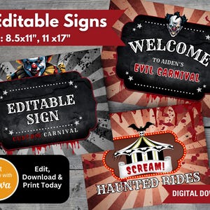 Set de letreros editables de payaso espeluznante para carnaval (21,5 x 28 cm y 28 x 43 cm) - 9 letreros a juego - Edita en Canva - Descarga digital