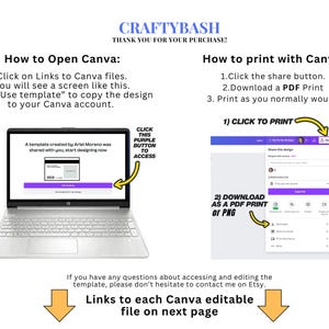 May include: Instructions on how to open and print a Canva template. The image shows a laptop screen with a Canva template and a screenshot of the Canva share button. The text reads "Click on Links to Canva files. You will see a screen like this. Click "Use template" to copy the design to your Canva account." and "1. Click the share button. 2. Download a PDF Print 3. Print as you normally would."