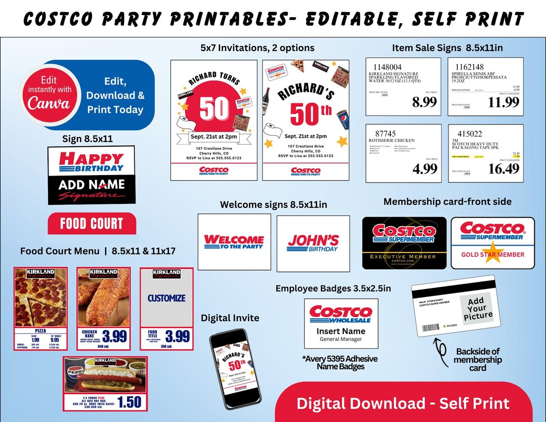 Costco Party Bundle-invitations, Price & Welcome Signs, Membership Cards, Badges, Food Court Menu | Editable on Canva, Self Print - Etsy for Costco One Day Pass Printable Free
