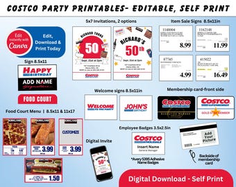 Costco party bundle-invitations, price & welcome signs, membership cards, badges, food court menu | editable on Canva, self print