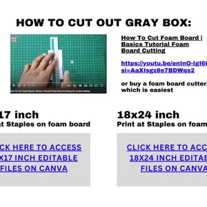 May include: A guide on how to cut out gray boxes from foam board. It includes instructions to print at Staples on foam board and links to access editable files on Canva for 11x17 inch and 18x24 inch sizes.