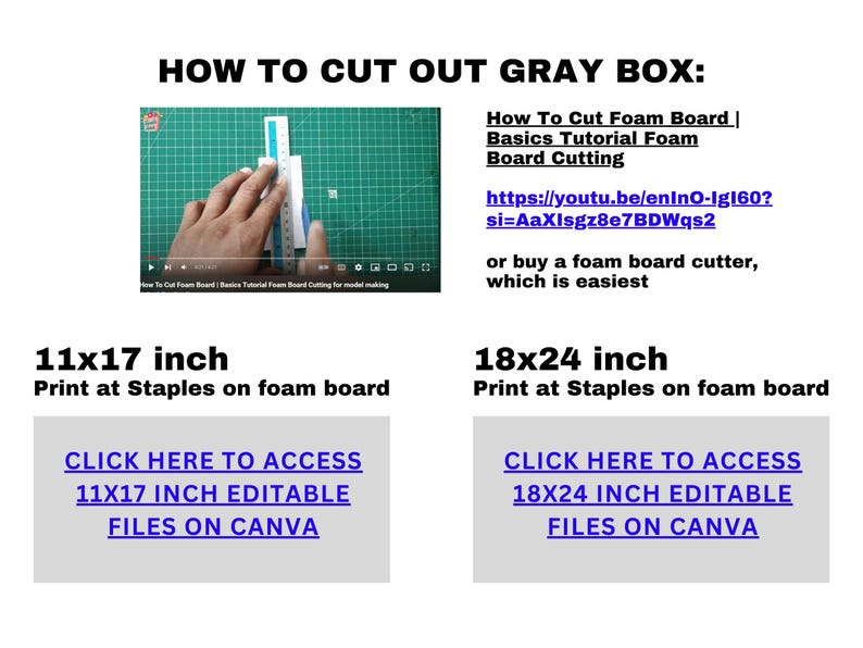 May include: A guide on how to cut out gray boxes from foam board. It includes instructions to print at Staples on foam board and links to access editable files on Canva for 11x17 inch and 18x24 inch sizes.