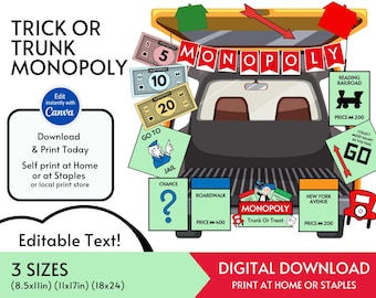 Monopoly Trunk or Treat - 3 sizes - banner, cards, large money printables