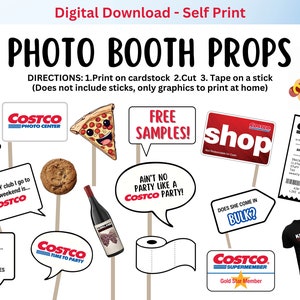 May include: A set of printable photo booth props featuring various Costco-themed designs, including a pizza slice with a face, a Costco membership card, a shopping cart, a Kirkland Signature t-shirt, and a speech bubble that says "Ain't no party like a Costco party!"