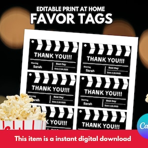 Hollywood Movie Night Favor Tags, Film Clapper Thank You Printable, Editable Canva Template, Movie Party Decorations, Instant Download