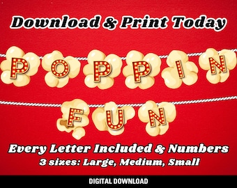 Popcorn Banner Printable • Movie Night Party Decoration • 3 sizes  • A–Z Letters & Numbers • Instant Download PDF