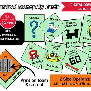May include: Oversized Monopoly game cards with green backgrounds and colorful illustrations. The cards feature Chance, Go To Jail, Luxury Tax, Reading Railroad, Electric Company, Water Works, Free Parking, and Collect $200 Salary as You Pass Go. The cards are designed to be printed on foam and cut out. Two size options are available: 18 inches by 24 inches or 17 inches by 11 inches.