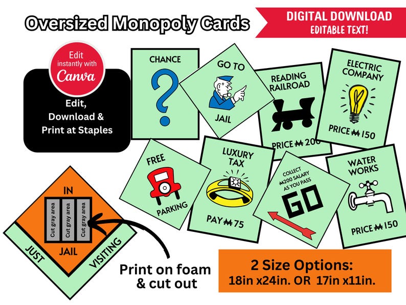 May include: Oversized Monopoly game cards with green backgrounds and colorful illustrations. The cards feature Chance, Go To Jail, Luxury Tax, Reading Railroad, Electric Company, Water Works, Free Parking, and Collect $200 Salary as You Pass Go. The cards are designed to be printed on foam and cut out. Two size options are available: 18 inches by 24 inches or 17 inches by 11 inches.