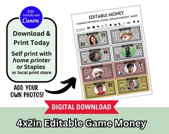 Editable Printable Game Money with photos 1-10 | Inspired by Classic Monopoly | 4x2in for Home, Classroom, or Games  |  Digital Download