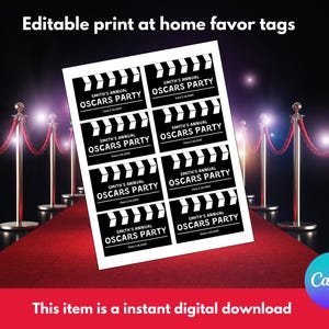 Peut inclure: Feuille d'étiquettes de faveur imprimables sur le thème du cinéma. Chaque étiquette présente un design de clap de cinéma avec le texte "Smith's Annual Oscars Party" et la date. Les étiquettes sont sur un fond de tapis rouge avec des poteaux.