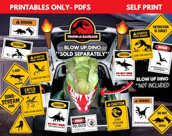 May include: A collection of printable PDF signs featuring dinosaur themes, including yellow caution signs, warning labels, and danger notices with black silhouettes of dinosaurs and text like BEWARE, CAUTION, and DANGER, displayed around a car trunk.