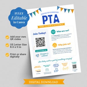 Op de afbeelding: Een digitale flyer voor de Hilltop Elementary PTA met blauwe, gele en groenblauwe tekst en afbeeldingen. Het bevat secties voor aanmelding, informatie over de schoolgemeenschap en QR-codes. US Letter-formaat, 21,59 x 27,94 cm.
