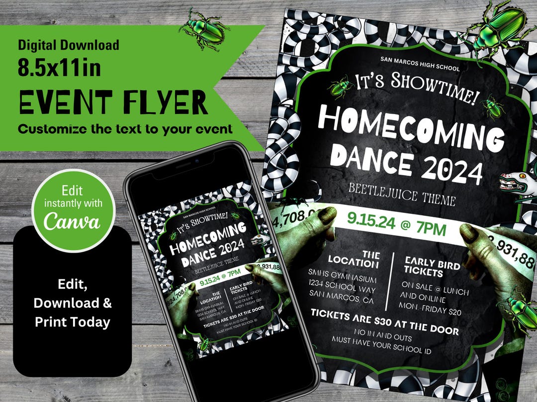 Beetlejuice-themed Homecoming Flyer 8.5x11 Canva Template Self-print ...