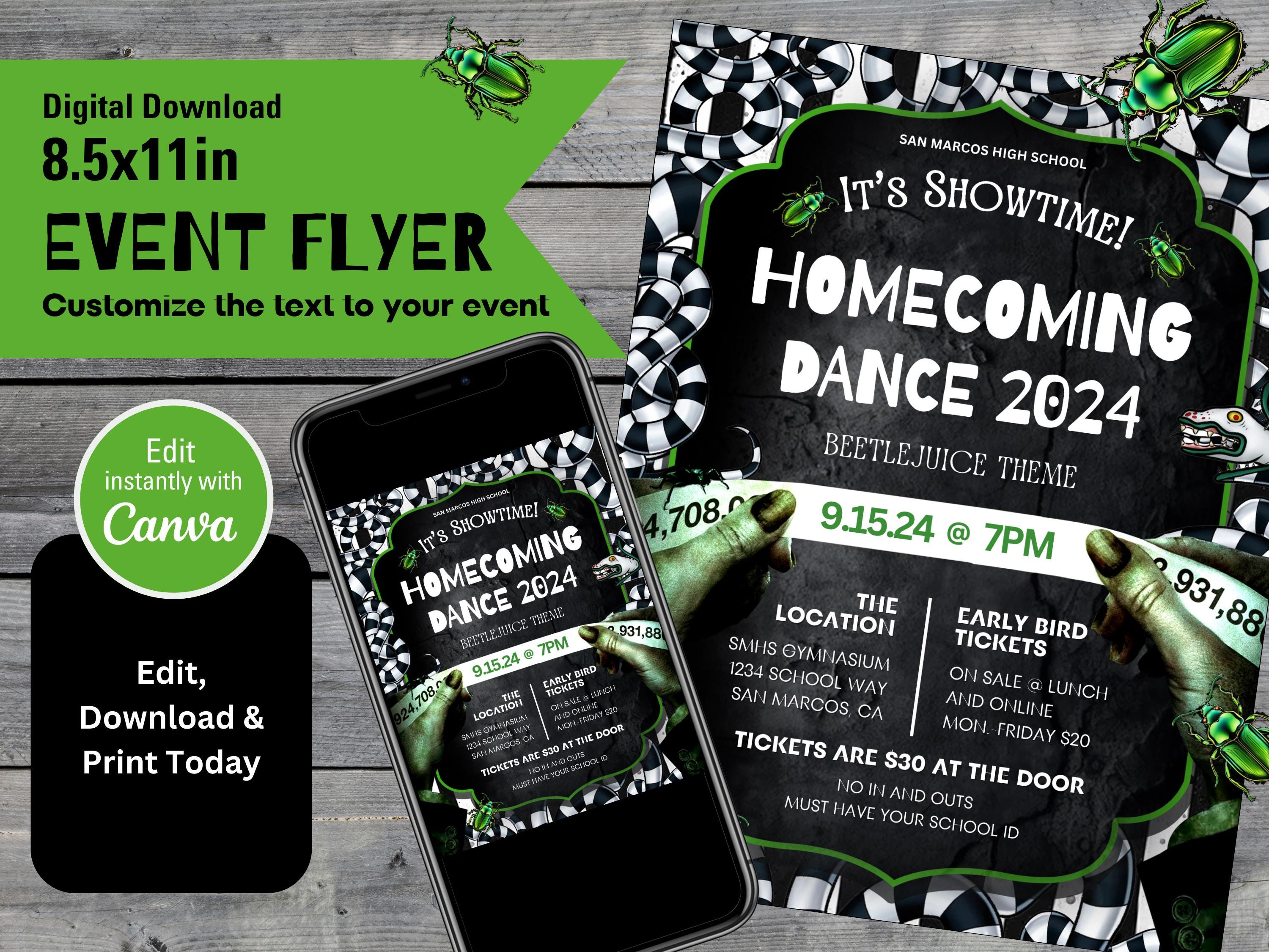 Beetlejuice-themed Homecoming Flyer 8.5x11 Canva Template Self-print ...