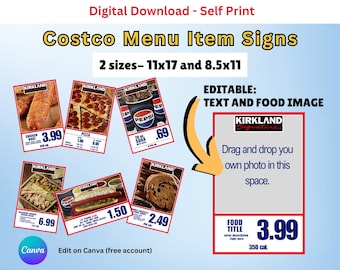 Costco Menu Item Signs- 2 sizes- 11x17in and 8.5x11in, digital download, self print