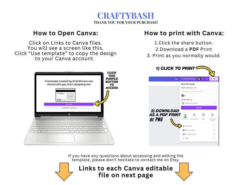 May include: Instructions on how to open and print Canva templates. The image shows a laptop screen with a Canva template and a screenshot of the Canva share button. The text reads "Click on Links to Canva files. You will see a screen like this. Click "Use template" to copy the design to your Canva account." and "1. Click the share button. 2. Download a PDF Print 3. Print as you normally would."