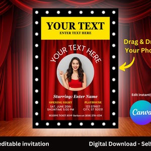 Plantilla de invitación personalizable de Canva con temática de Broadway de 5 x 7 pulgadas (autoimpresión/descarga digital)