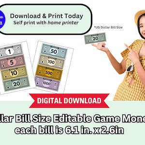 Banconota da un dollaro, dimensioni modificabili, denaro da gioco - stampa su 8,5 x 11 pollici
