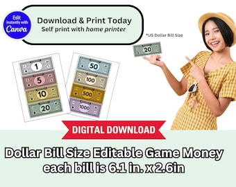Dollar Bill Size Editable Game Money - print on 8.5x11in