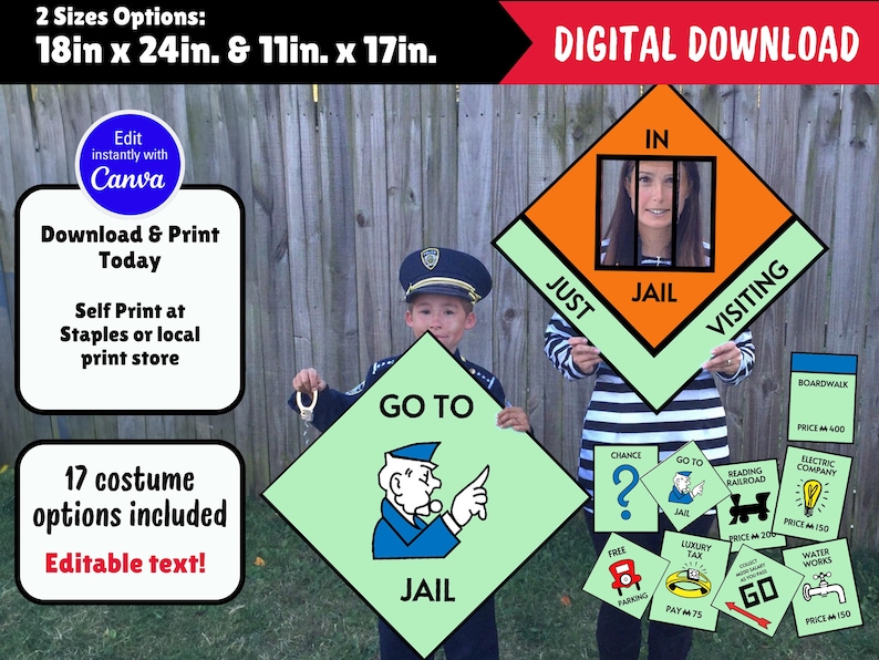 May include: Two children dressed as Monopoly game pieces hold signs that say "Go to Jail" and "Just Visiting". The signs are in the shape of a Monopoly game board space. There are also several Monopoly game cards in the image.
