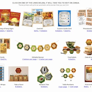 May include: A collection of printable party decorations featuring board game themes, including signs, card art, guide cards, photobooth props, banners, food labels, cake toppers, water bottle wraps, favor tags, tiles, table numbers, and invitations.