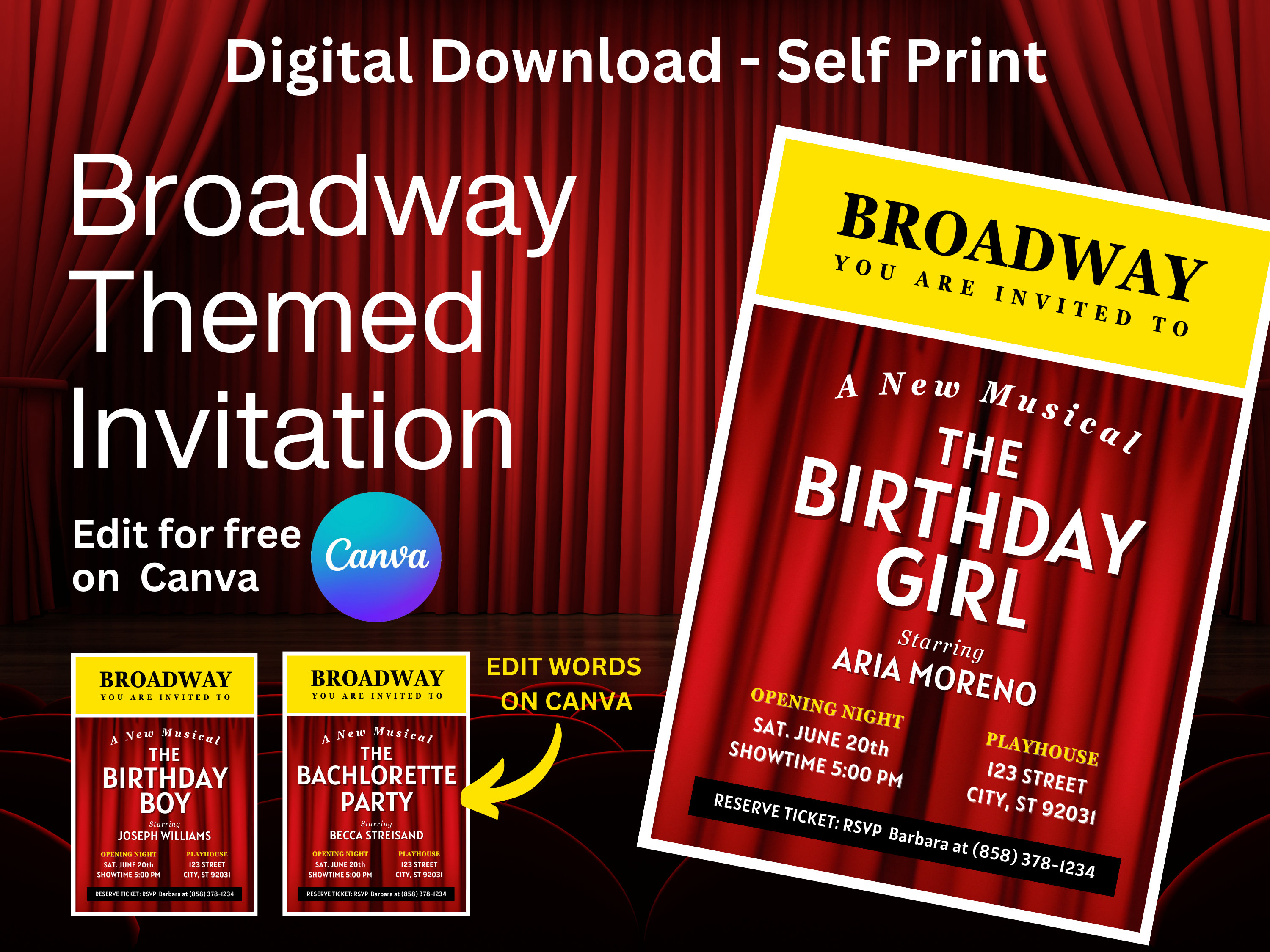 Editable Broadway Themed Invitation, self print digital download, image size:3000x2250