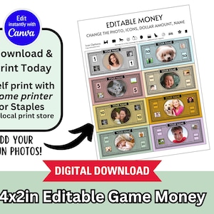 Puede incluir: Plantilla de dinero de juego editable imprimible con una opción de descarga digital. La plantilla presenta 8 billetes coloridos con diferentes cantidades de dólares, cada uno con un espacio para agregar una foto y personalizar con un nombre. El texto "EDITABLE MONEY" está en la parte superior de la plantilla.