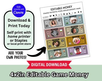 Editable Printable Game Money with photos | Inspired by Classic Monopoly | 4x2in for Home, Classroom, or Games  |  Digital Download