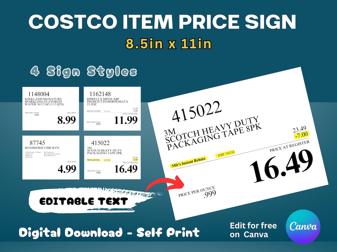 Costco Item Price Signs 8 5x11 Editable Digital Download Self Print