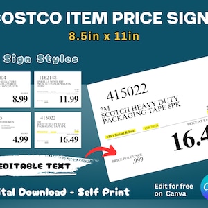 Costco Item Price Signs 8.5x11- editable, digital download, self print